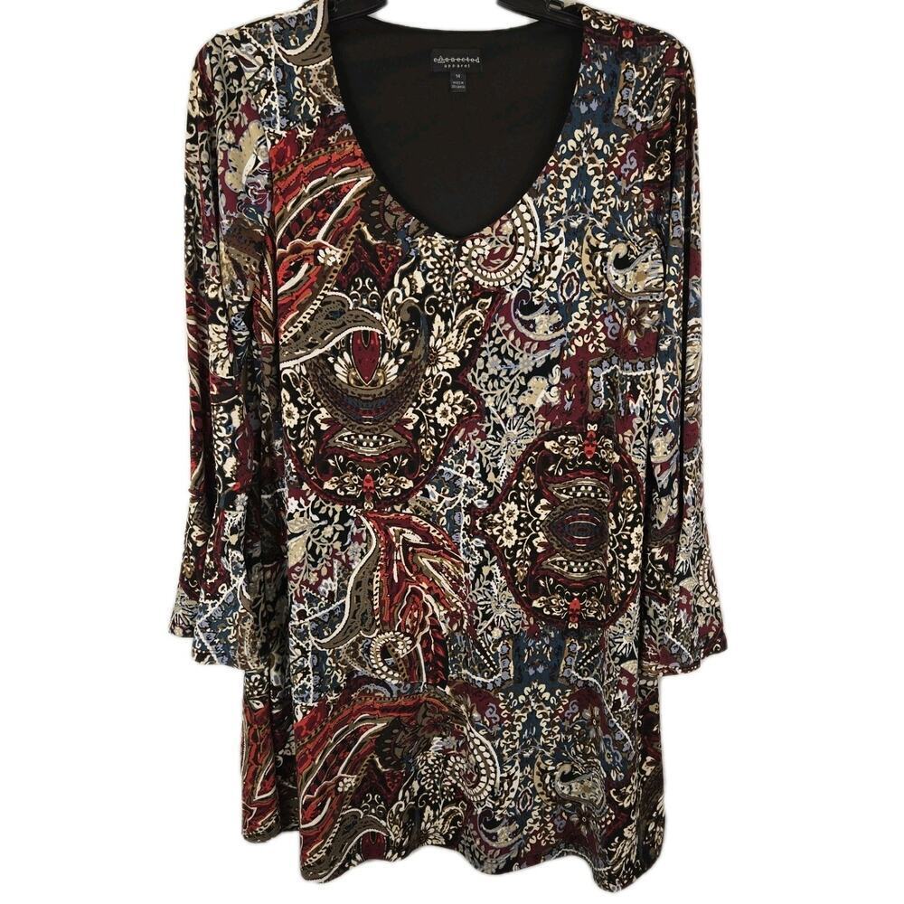 Connected Womens Sz 14 Paisley Printed Bell-Sleeve A-Line Dress BOHO HIPPIE Wine